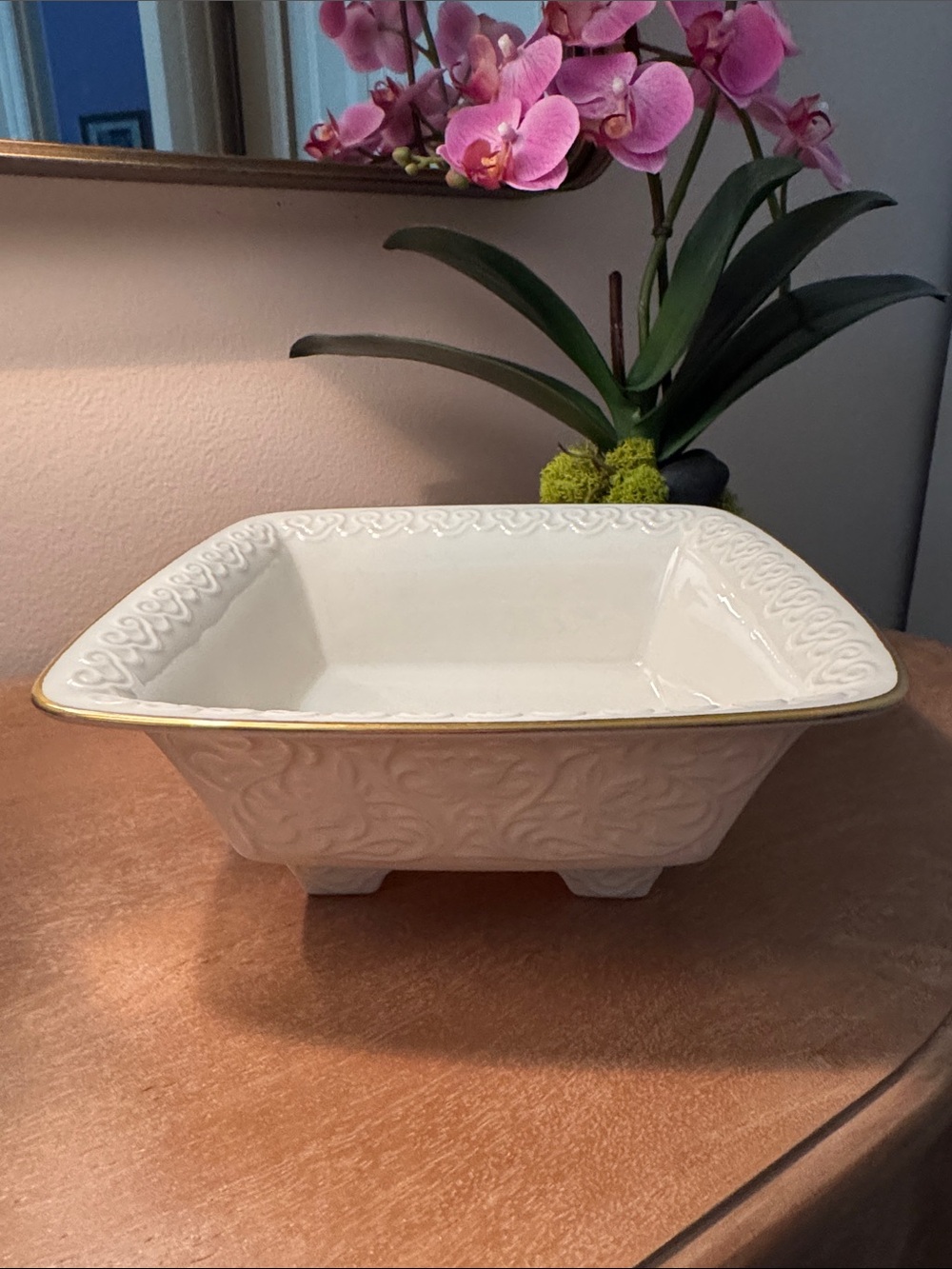 Vintage Cream Lenox Square Bowl in Lotus Design Trimmed in Gold.
